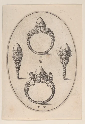 Designs for Four Rings, Plate 27 from 'Livre d'Aneaux d'Orfevrerie' by Pierre Woeiriot, print, 1561