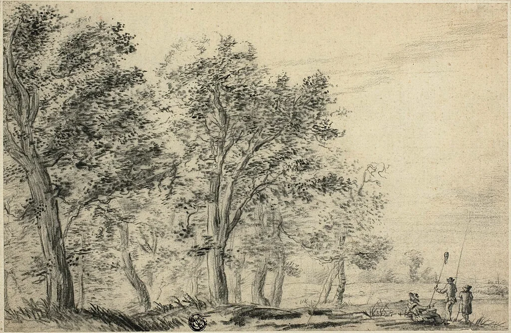 Wooded River Landscape with Three People Fishing by Jacob van Ruisdael, drawing, 1648-1682