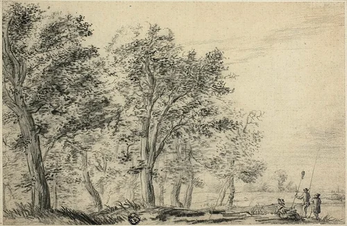 Wooded River Landscape with Three People Fishing by Jacob van Ruisdael, drawing, 1648-1682