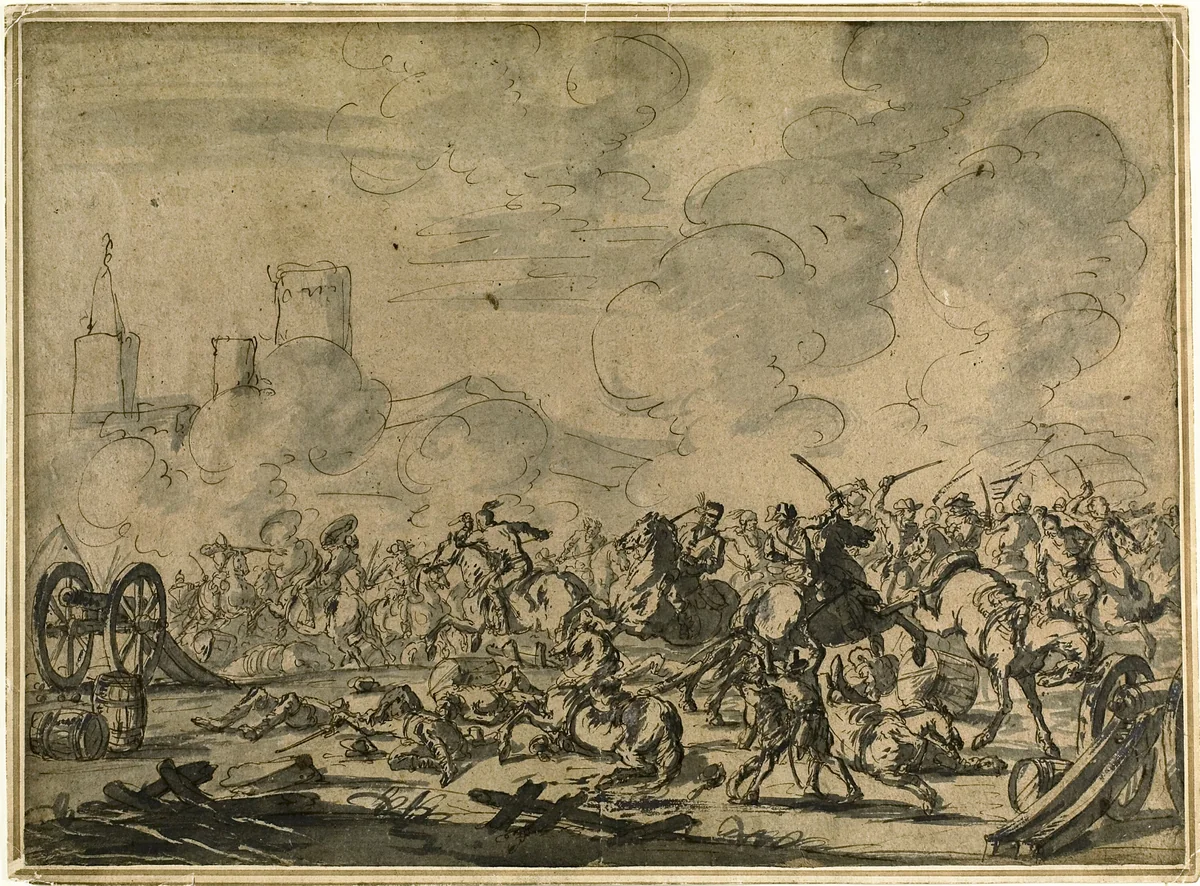Cavalry and Artillery Battle by Jacques Courtois, drawing, 1729-1767