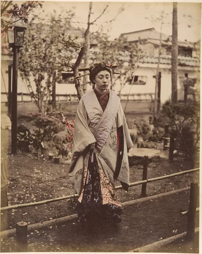 [Japanese Woman in Traditional Dress Posing Outdoors] by Suzuki Shin'ichi, photograph, 1870-1879