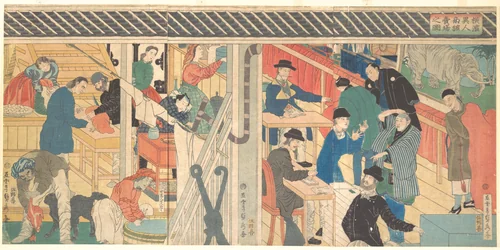 Sales Room at the Foreign Trade Building in Yokohama by Utagawa Sadahide, print, 1861