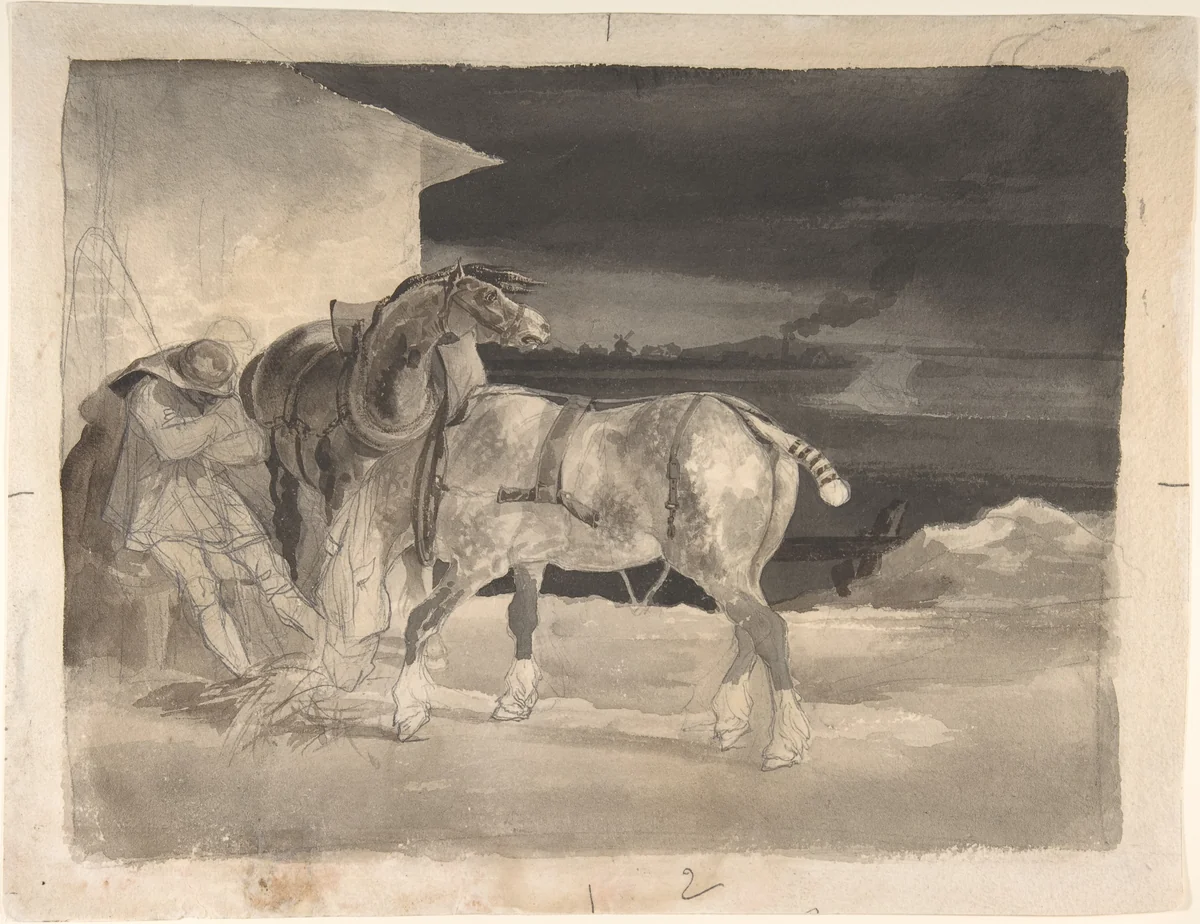 Two Draft Horses with a Sleeping Driver by Théodore Gericault, drawing, 1820-1822
