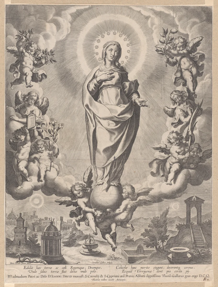 The Virgin in Glory, standing on clouds and surrounded by angels holding the symbols of the Immaculate Conception by Cornelis Galle, print, 1595-1633