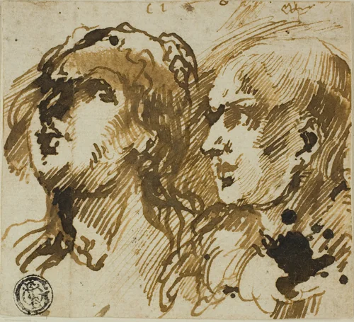 Two Heads by Giovanni Benedetto Castiglione, drawing, 1619-1664