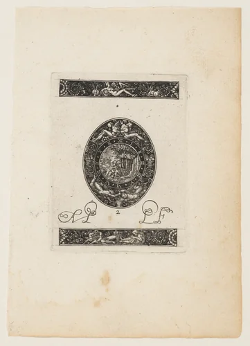 Oval Watch Plate with Diana and Endymion (?) embracing, from a Series of Six Designs for Watch Cases by Antoine Jacquard, print, 1605-1615