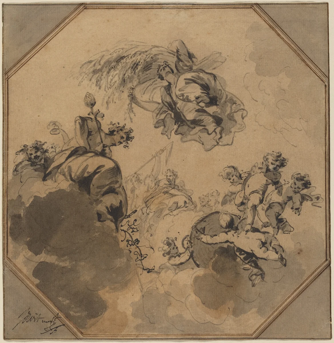 Study for a Ceiling: Allegory of the Harvest with Dionysus and Ceres by Jacob de Wit, drawing, 1695-1754