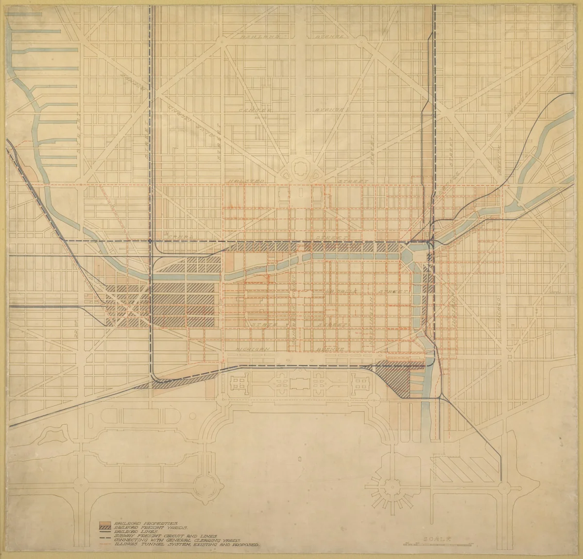 Plate 74 from The Plan of Chicago,1909: Chicago. Diagram of the City Center, Showing the General Location of Existing Freight Yards and Railroad Lines, the Present Tunnel System and Proposed Circuit, and Connections for all these Services, Running to the Central Clearing Yards. by Daniel Hudson Burnham
Edward Herbert Bennett, drawing, 1909