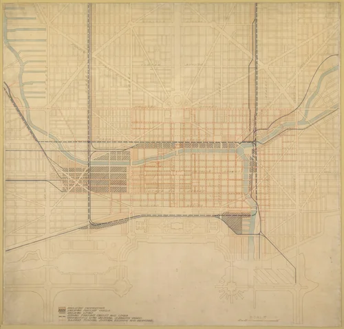 Plate 74 from The Plan of Chicago,1909: Chicago. Diagram of the City Center, Showing the General Location of Existing Freight Yards and Railroad Lines, the Present Tunnel System and Proposed Circuit, and Connections for all these Services, Running to the Central Clearing Yards. by Daniel Hudson Burnham
Edward Herbert Bennett, drawing, 1909