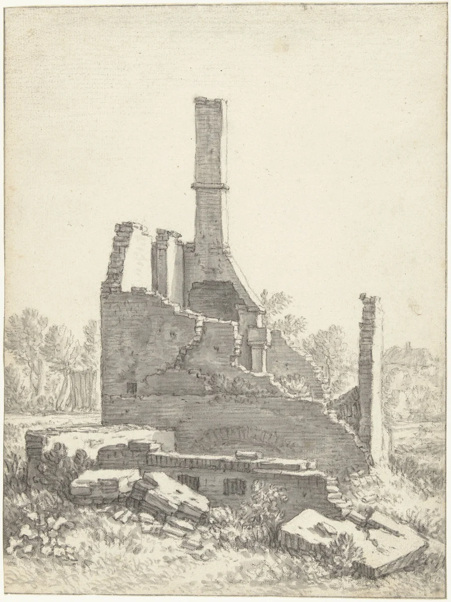 Ruïnes van een huis in Abstede bij Utrecht by Herman Saftleven, drawing, 1674