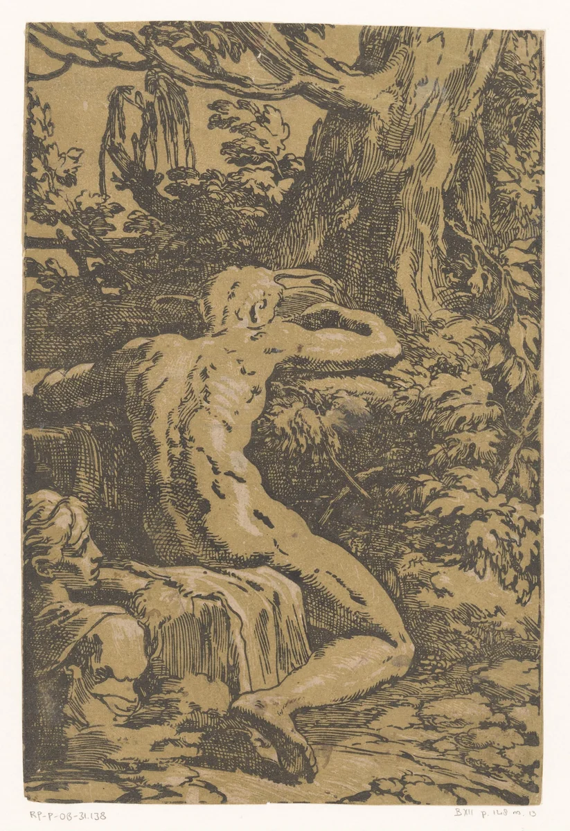 Naakte man in een landschap by Antonio da Trento, print, 1520-1550