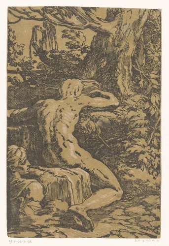 Naakte man in een landschap by Antonio da Trento, print, 1520-1550