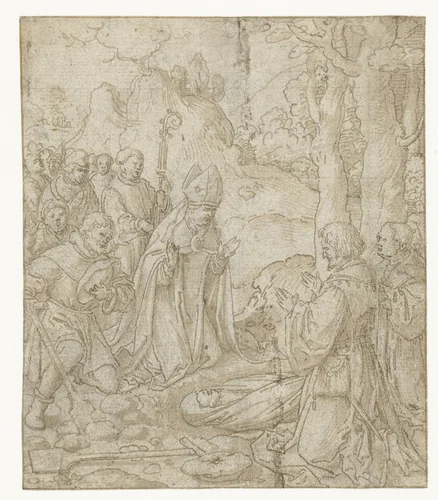 Bisschop (de heilige Martinus?) wekt een man weer tot leven by Unknown, drawing, 1498