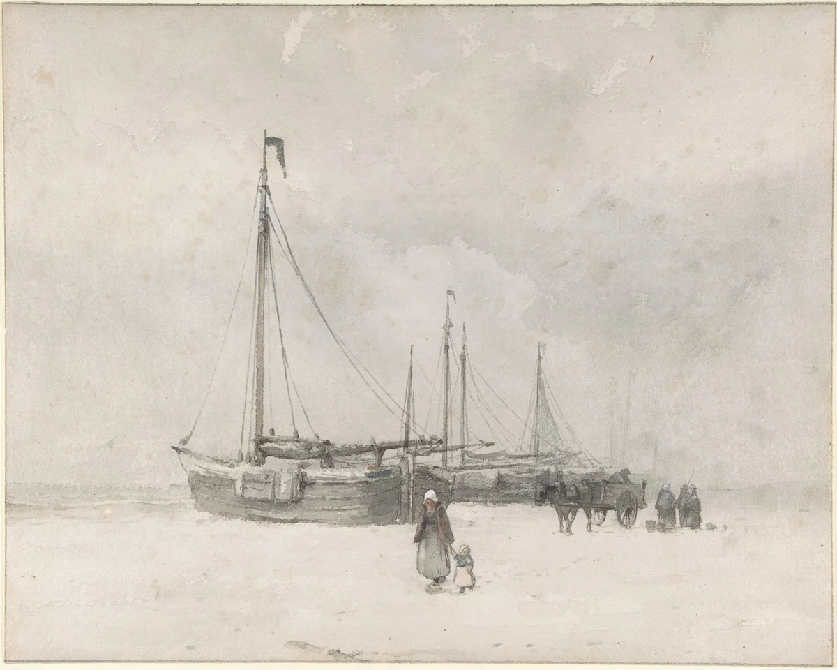 Fishing Boats on the Beach in Winter by Anton Mauve, drawing, 1853-1888