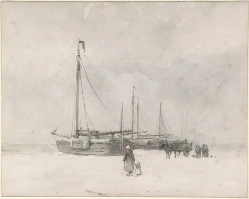 Fishing Boats on the Beach in Winter by Anton Mauve, drawing, 1853-1888