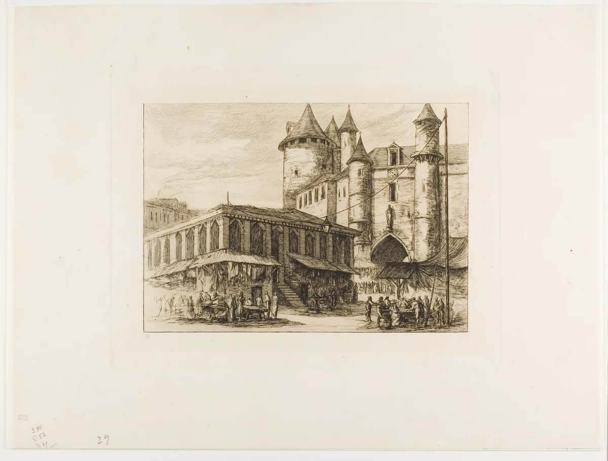 The Grand Châtelet, Paris, c. 1780, after an earlier drawing by Charles Meryon, print, 1861