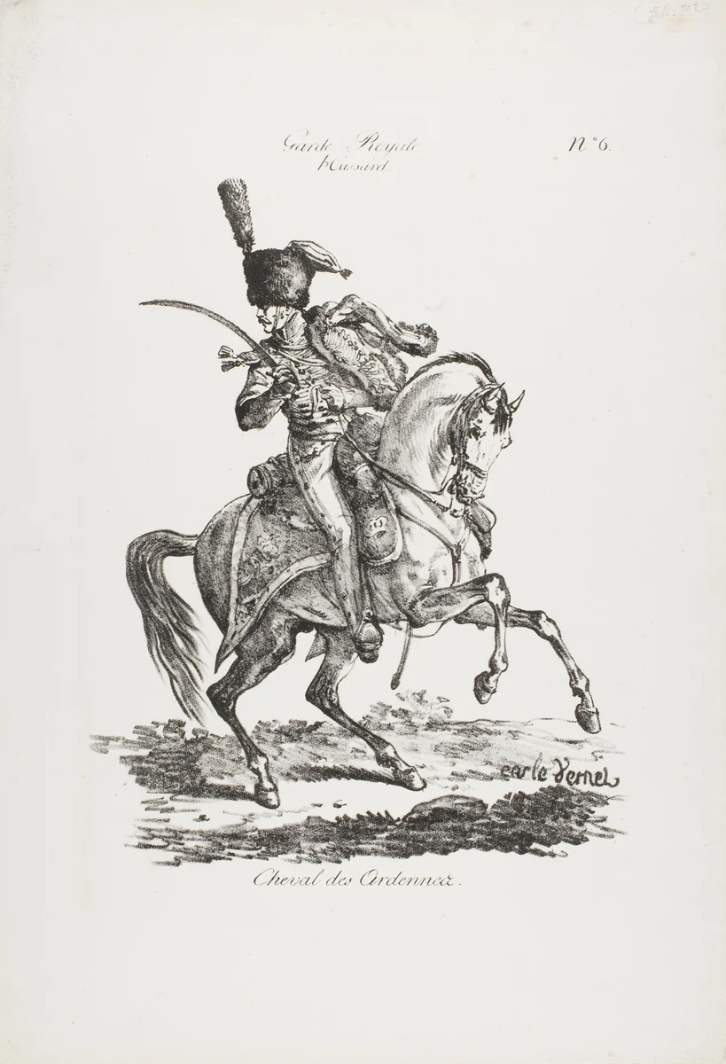Royal Guard, Mounted Hussard and Horse No. 6 by Carle Vernet, print, 1813-1823