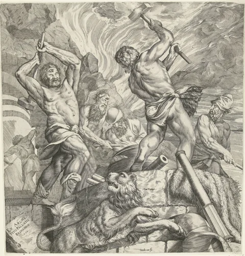 De smidse van de cyclopen by Unknown, print, 1572