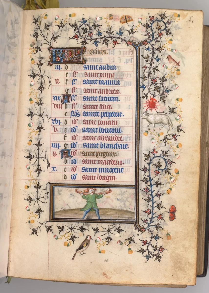 Hours of Charles the Noble, King of Navarre (1361-1425): fol. 3r, March by Master of the Brussels Initials and Associates, book, 1400-1410