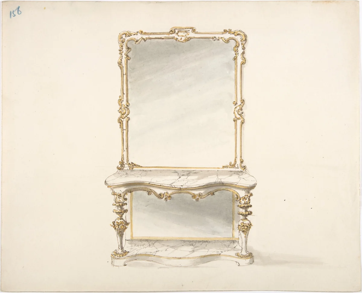 Design for a Mirrored Marble Table Ornamented with Gold by anonymous, drawing, 1800-1850