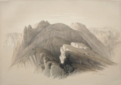 Gebil Hor. Mount Hor, from the Cliffs Encircling Petra by David Roberts, print, 1839