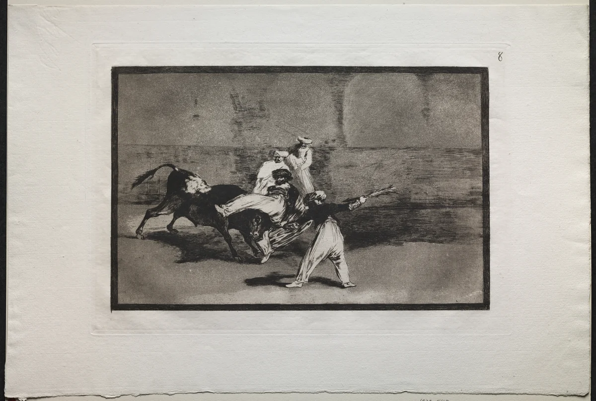Bullfights: A Moor Caught by a Bull in the Ring by Francisco de Goya, print, 1816-1876
