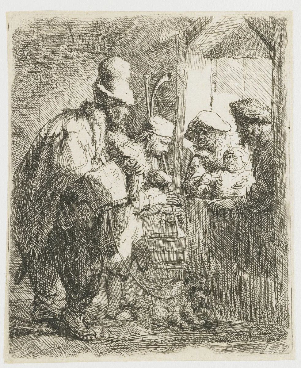 The strolling musicians by Rembrandt van Rijn, print, 1635