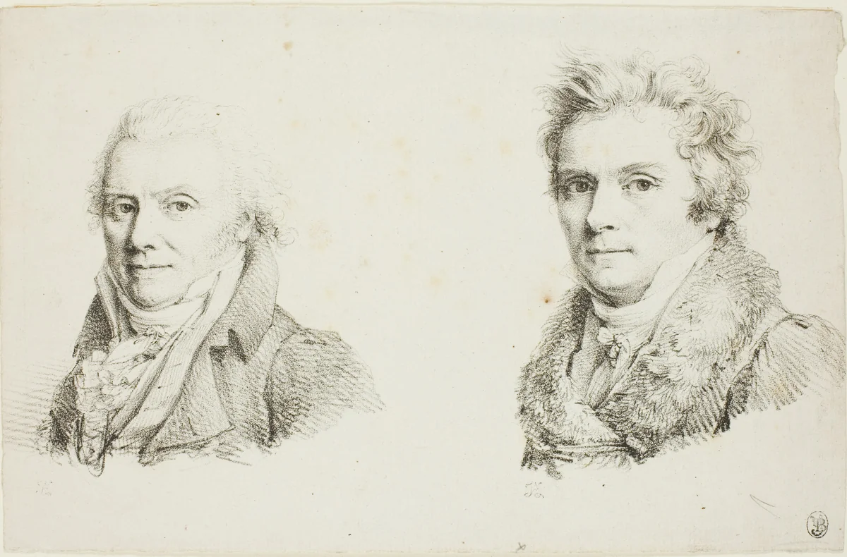 Self-Portrait in a Dark Cloth Coat and Self-Portrait in a Fur-Collared Coat by Jean-Antoine Laurent, print, 1812-1822