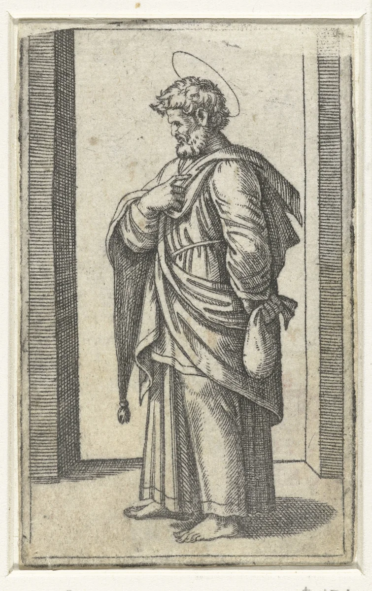 Apostel Matteüs met beurs by Marcantonio Raimondi, print, 1517-1527