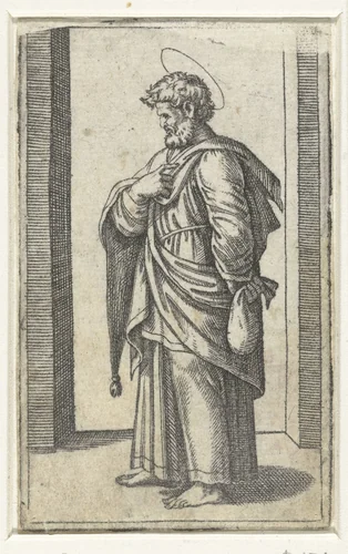 Apostel Matteüs met beurs by Marcantonio Raimondi, print, 1517-1527