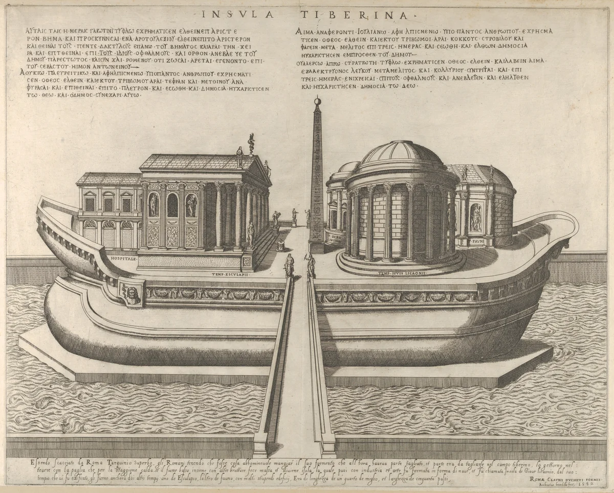 View of the Tiber Island represented as a ship, the Temple of Aesculapius at left by Giovanni Ambrogio Brambilla, print, 1582
