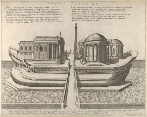 View of the Tiber Island represented as a ship, the Temple of Aesculapius at left by Giovanni Ambrogio Brambilla, print, 1582