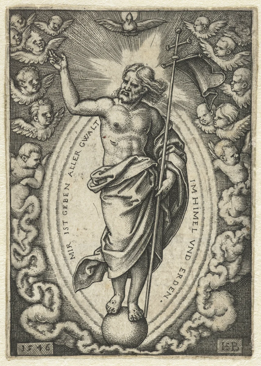 Christus als Salvator Mundi staand op de wereldbol by Unknown, print, 1546