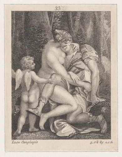 Venus mourning Adonis, seated beneath a tree and embracing him, with Cupid at left by anonymous, print, 1810-1820