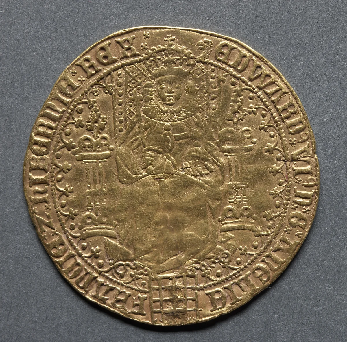 Sovereign of Thirty Shillings: Edward VI Enthroned (obverse) by Unknown, metalwork, 1550-1553