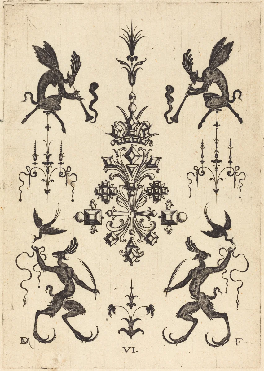 Brooch with Winged Fauns Blowing Trumpets at Top and Fantasy Creatures with Birds at Bottom by Daniel Mignot, print, 1596