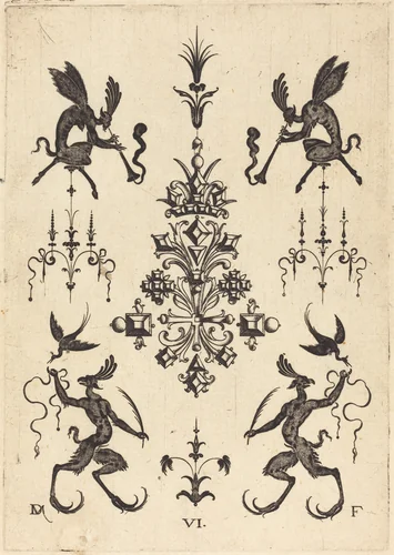 Brooch with Winged Fauns Blowing Trumpets at Top and Fantasy Creatures with Birds at Bottom by Daniel Mignot, print, 1596