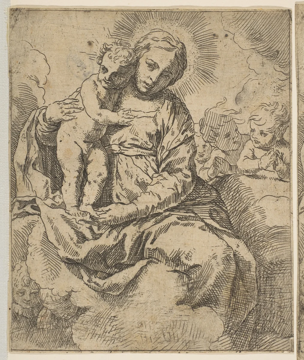 Madonna and Child seated on clouds and surrounded by angels, copy in reverse after Cantarini by Simone Cantarini, print, 1612-1648