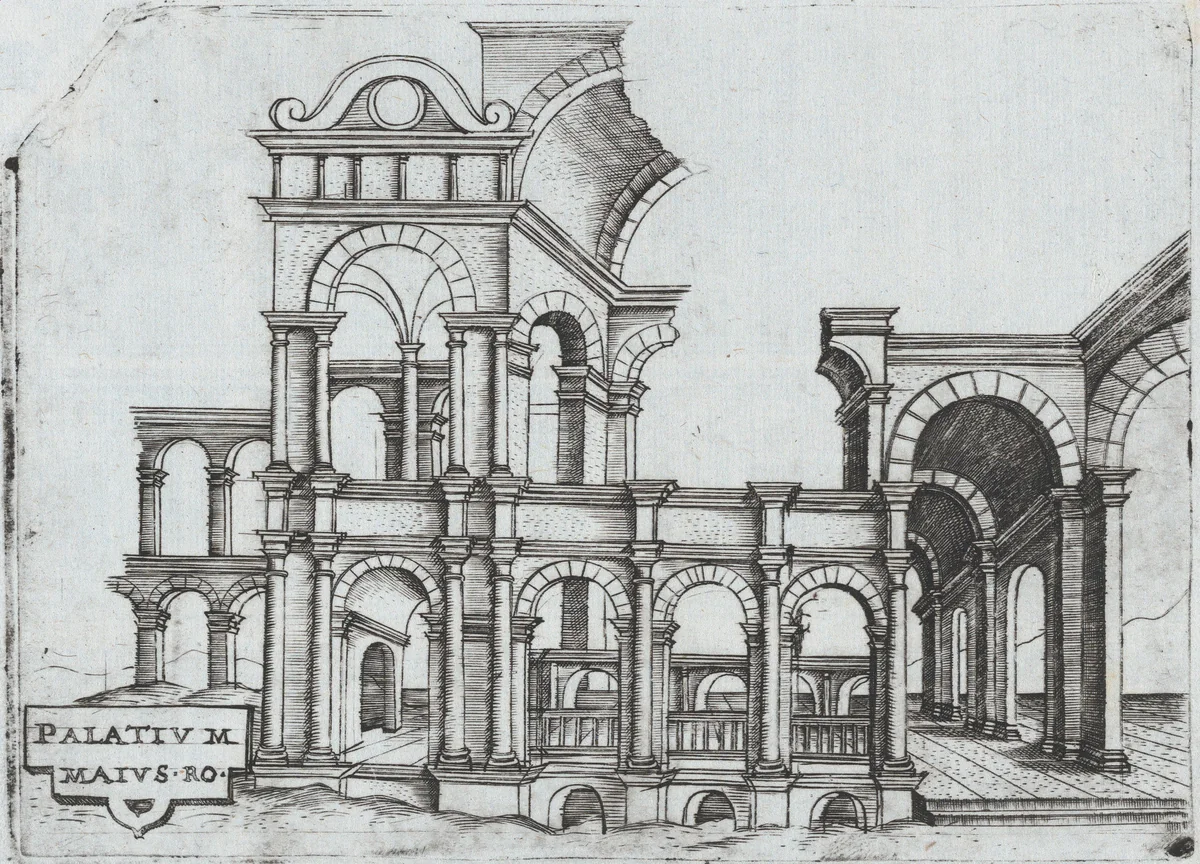 Porta Antonae, from a series of prints depicting (reconstructed) buildings from Roman Antiquity by Monogrammist G.A. with the Caltrop, book, 1530-1550