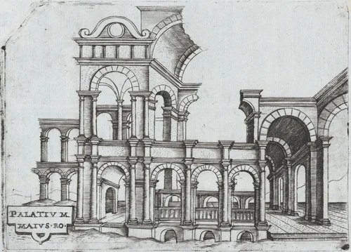 Porta Antonae, from a series of prints depicting (reconstructed) buildings from Roman Antiquity by Monogrammist G.A. with the Caltrop, book, 1530-1550