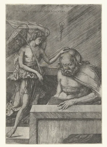 Engel legt zijn hand op hoofd van slapende man by Unknown, print, 1509-1515