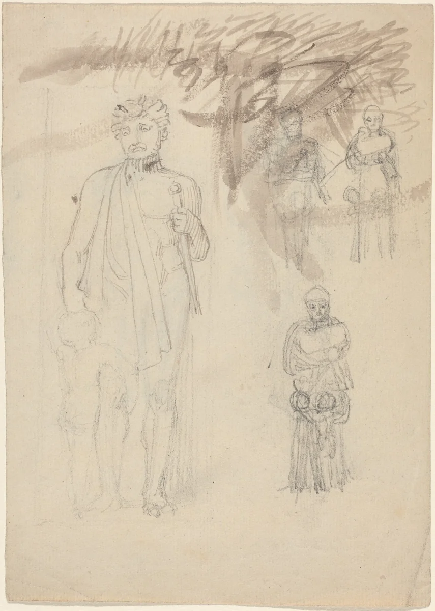 Sheet of Studies, including Warrior with Child [recto and verso] by John Flaxman, drawing, 1755-1826