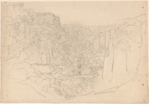 Fortified Castle Above a Narrow Valley by Friedrich Salathé, drawing, 1793-1858