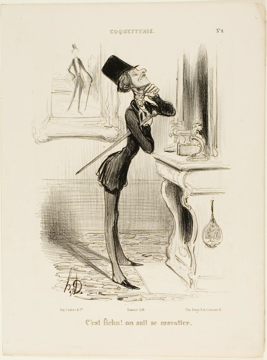 “Oh blast! I don't seem to be able to tie a knot!” plate 4 from Coquetterie by Honoré-Victorin Daumier, print, 1839