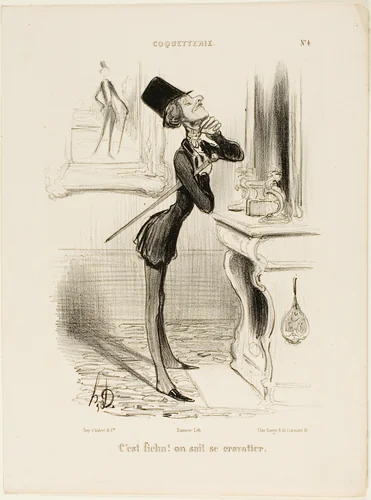 “Oh blast! I don't seem to be able to tie a knot!” plate 4 from Coquetterie by Honoré-Victorin Daumier, print, 1839