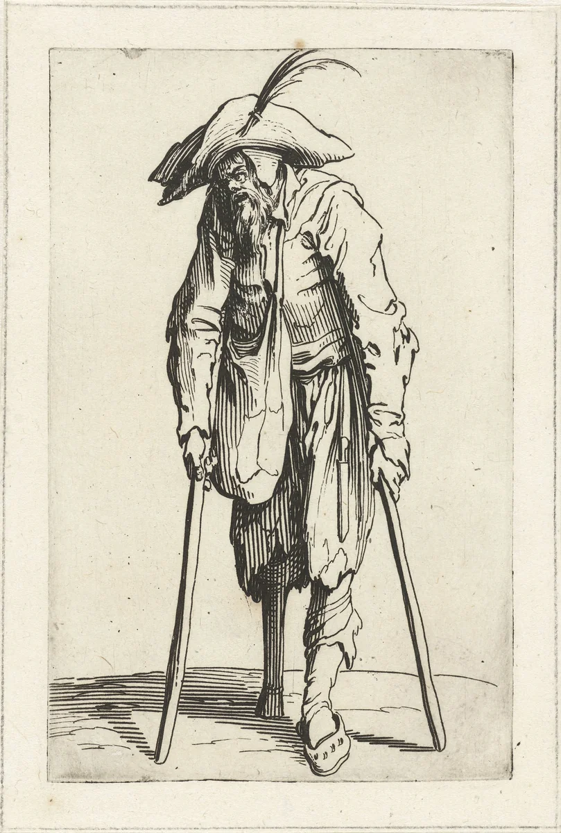 Bedelaar met krukken en een houten been by Jacques Callot, print, 1622-1623