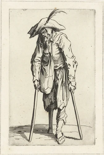 Bedelaar met krukken en een houten been by Jacques Callot, print, 1622-1623