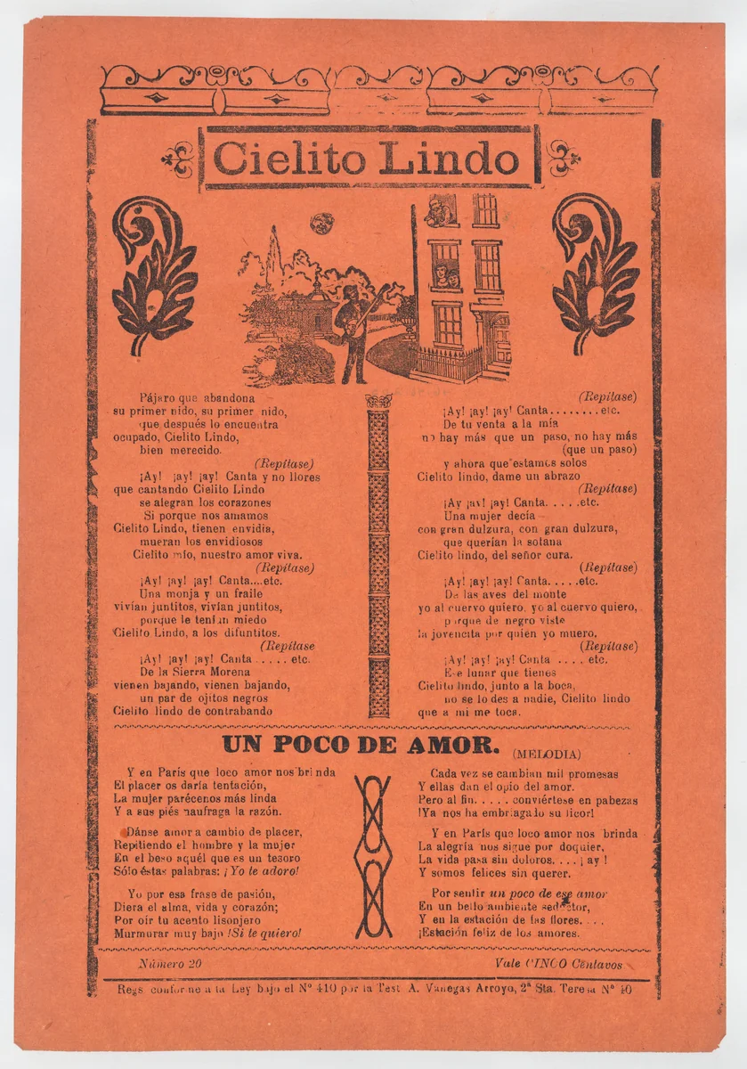 Broadsheet with love songs, a man playing an instrument and singing outside his lovers' window by José Guadalupe Posada, print, 1895-1925