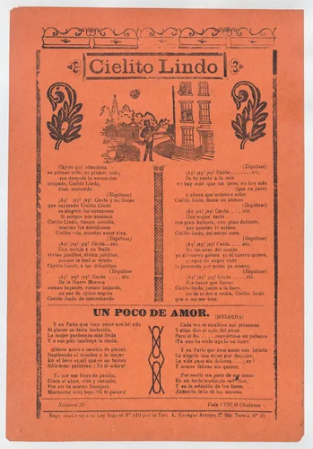 Broadsheet with love songs, a man playing an instrument and singing outside his lovers' window by José Guadalupe Posada, print, 1895-1925