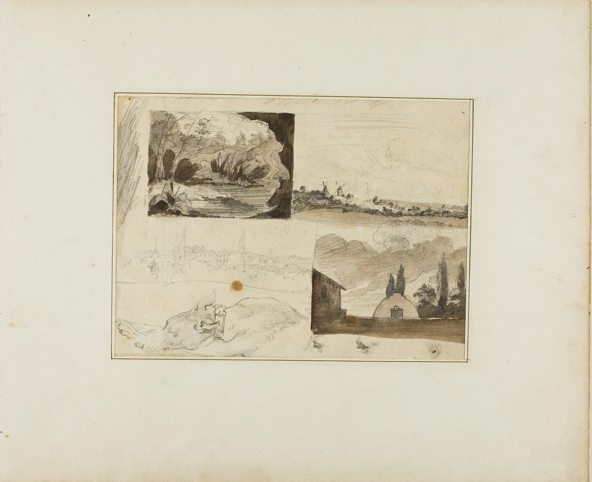 Sheet of Sketches: Four Landscapes and a Greyhound by Jean Louis André Théodore Géricault, drawing, 1813-1814
